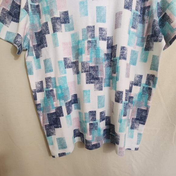 ALFANI Blue & White Square Print Collared Mid Button Short Sleeve Polo Shirt L - Picture 7 of 8